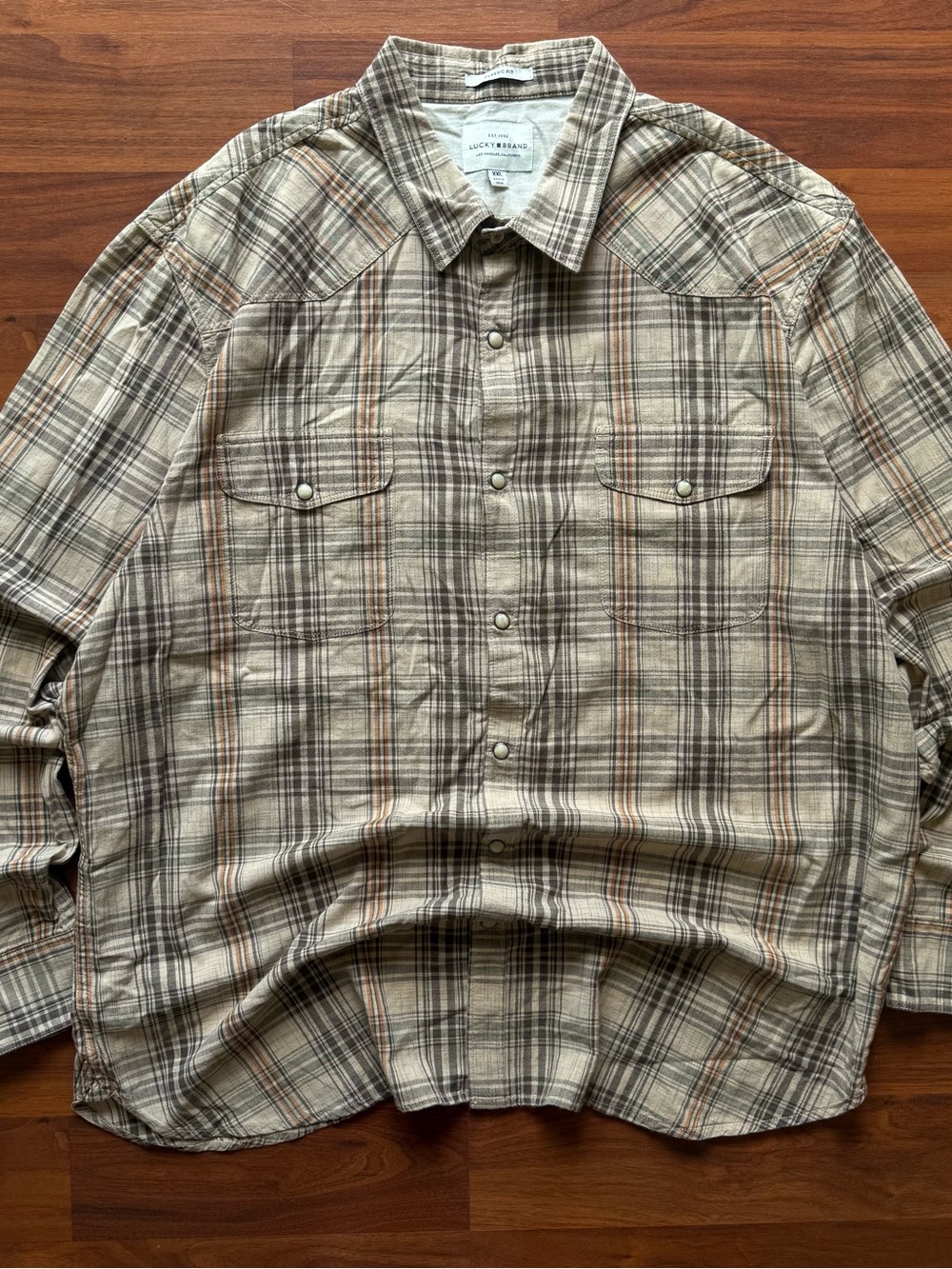 Lucky Brand brown plaid pearl snap button up XXL country western style